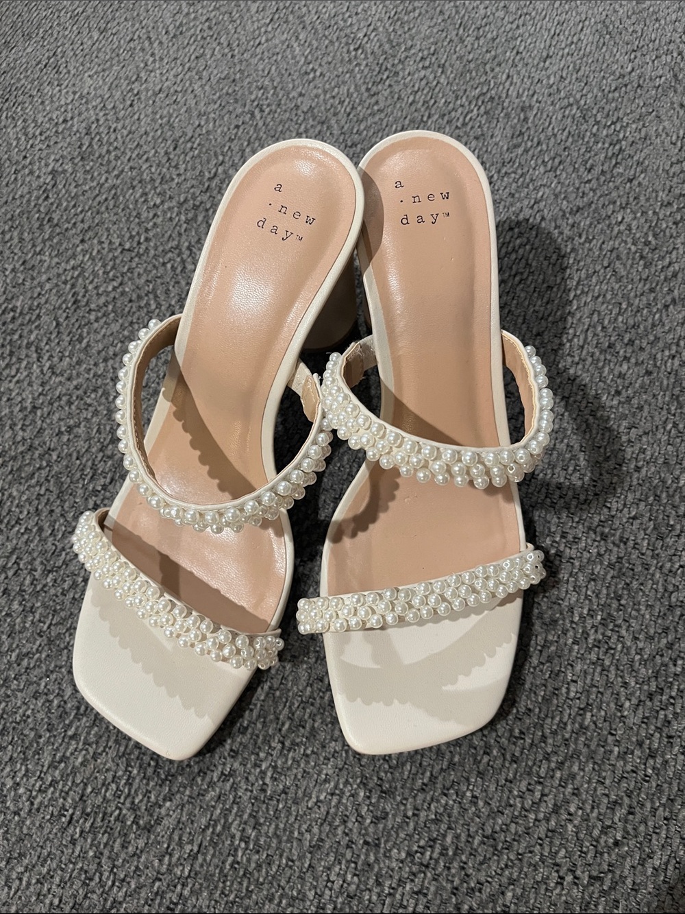 A New Day Pearl-Embellished Cream Slide Heels